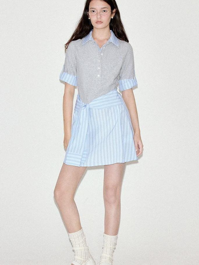 fano High Waist A Line Polo Collar Short Sleeve Cotton Blend Light Blue Midi Dresses