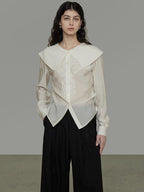unspoken Lyocell Embroidered Doll Collar Loose Fit Women White Button Long Sleeve Blouses