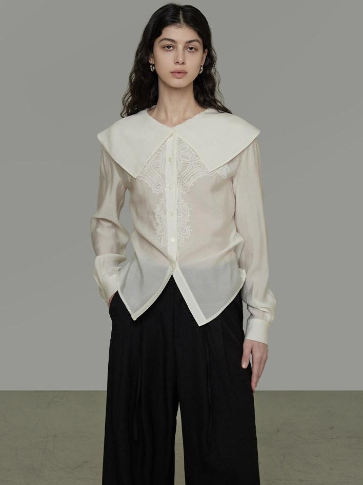unspoken Lyocell Embroidered Doll Collar Loose Fit Women White Button Long Sleeve Blouses