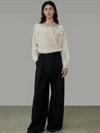 unspoken Soft Knit 3D Embellishment Loose Round Neck Long Sleeve Women White Blouses