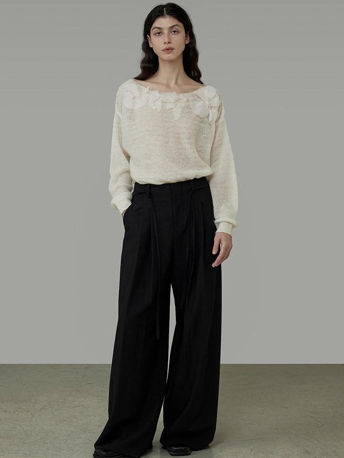 unspoken Soft Knit 3D Embellishment Loose Round Neck Long Sleeve Women White Blouses
