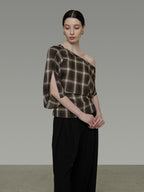 unspoken Breathable Viscose Slim Asymmetric Slant Neck Green Plaid Off Shoulder Crop Tops