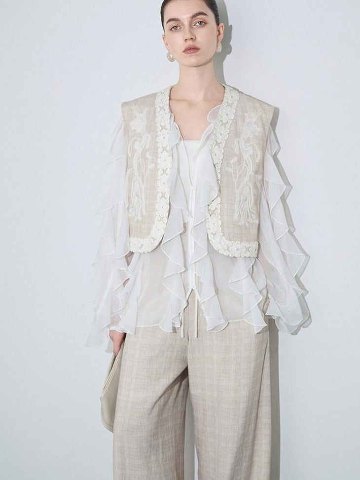 audreyyang Linen Blend V-neck Vest Trousers Solid Minimal Original Design Top & Pants Sets
