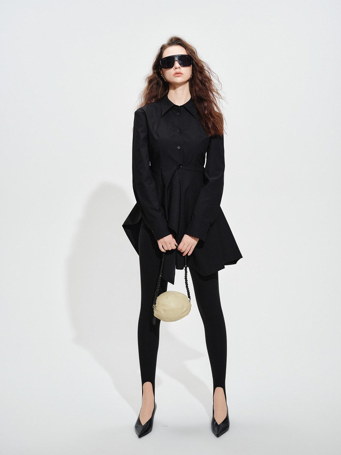 audreyyang Vintage Loose Square Neck Long Sleeve Midi Cardigan Black Polyester Blouses