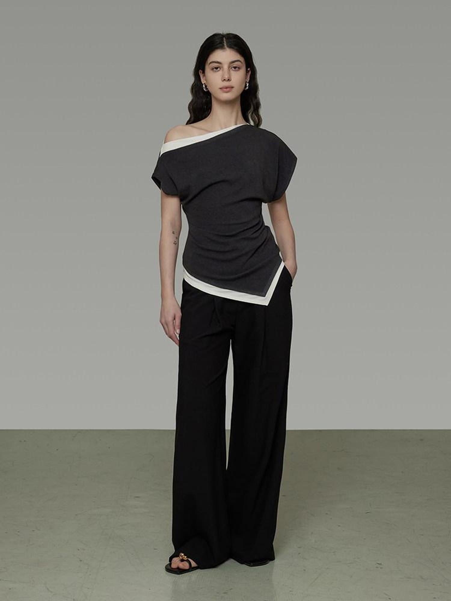 unspoken Slim Fit Colorblock Short Sleeve Pullover Slanted Collar Office Rayon Blouses