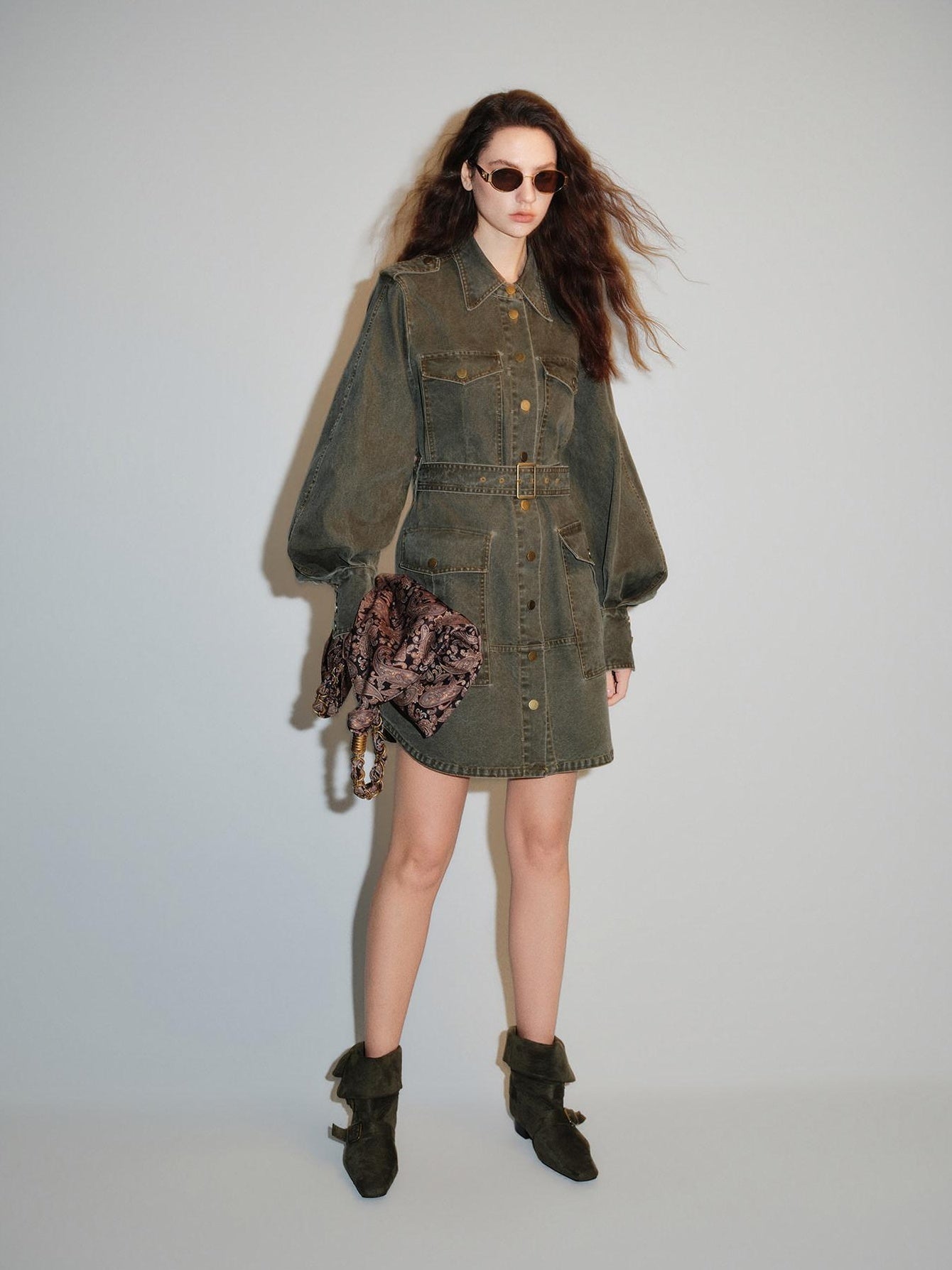 audreyyang 100 Percent Cotton Loose Casual Long Sleeve Military Green Denim Jackets