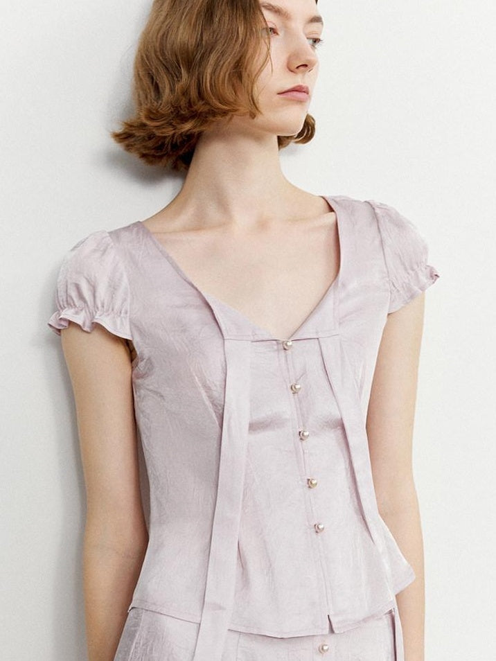 someone sometimes Tie Front V-neck Puff Sleeve Slim Casual Love Print Acetate Women Blouses
