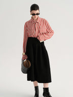 audreyyang Flattering High Waist A Line Solid Black Nylon Office Casual Women Maxi Skirts