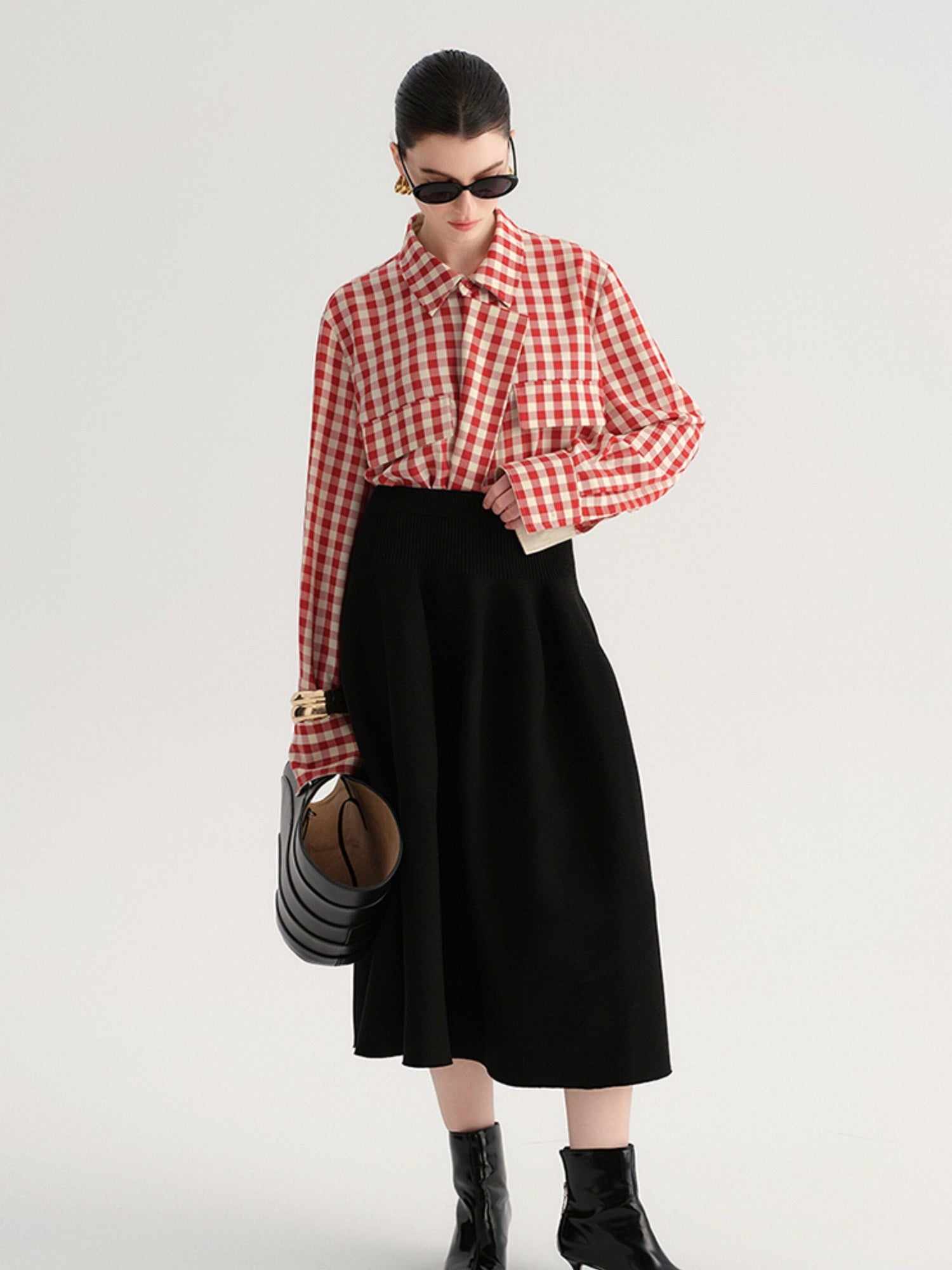 audreyyang Flattering High Waist A Line Solid Black Nylon Office Casual Women Maxi Skirts