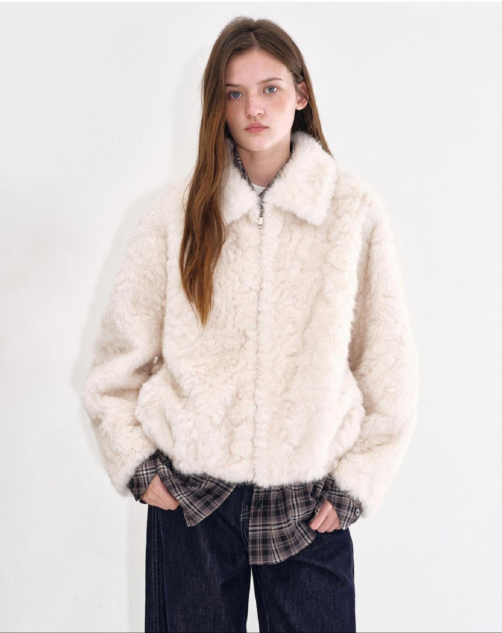 fano Warm Vintage Loose Lapel Zipper Long Sleeve Casual Young Women Ivory Short Coat