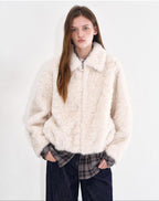 fano Warm Vintage Loose Lapel Zipper Long Sleeve Casual Young Women Ivory Short Coat