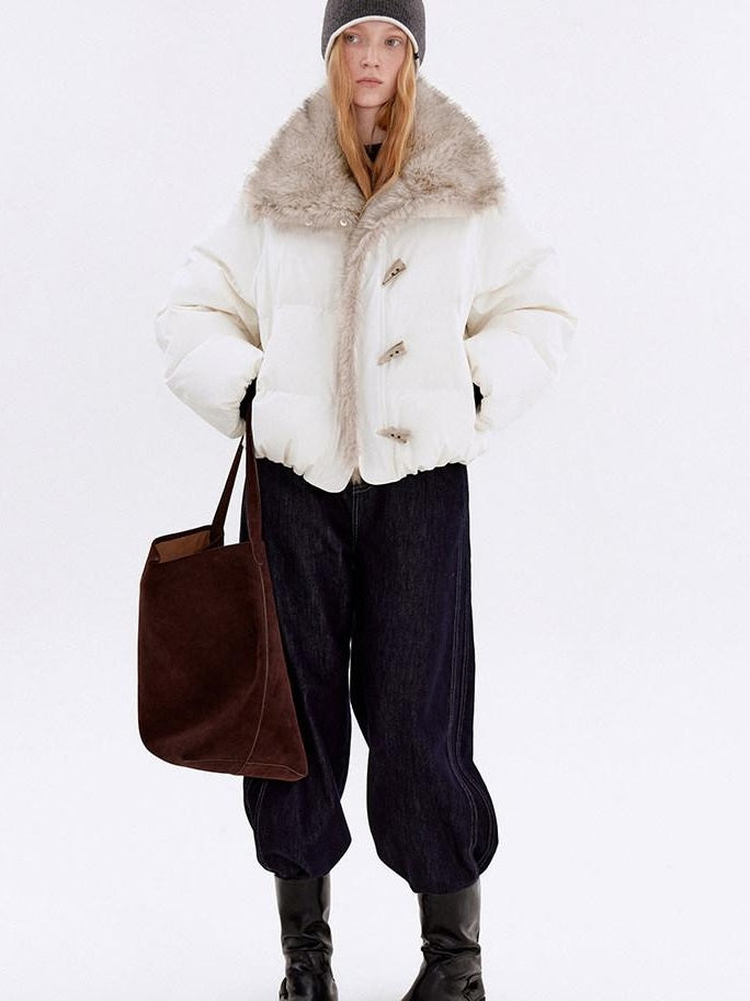 fano Warm 90% White Duck Down Casual Loose High Waist Lapel Collar Women Down Jackets