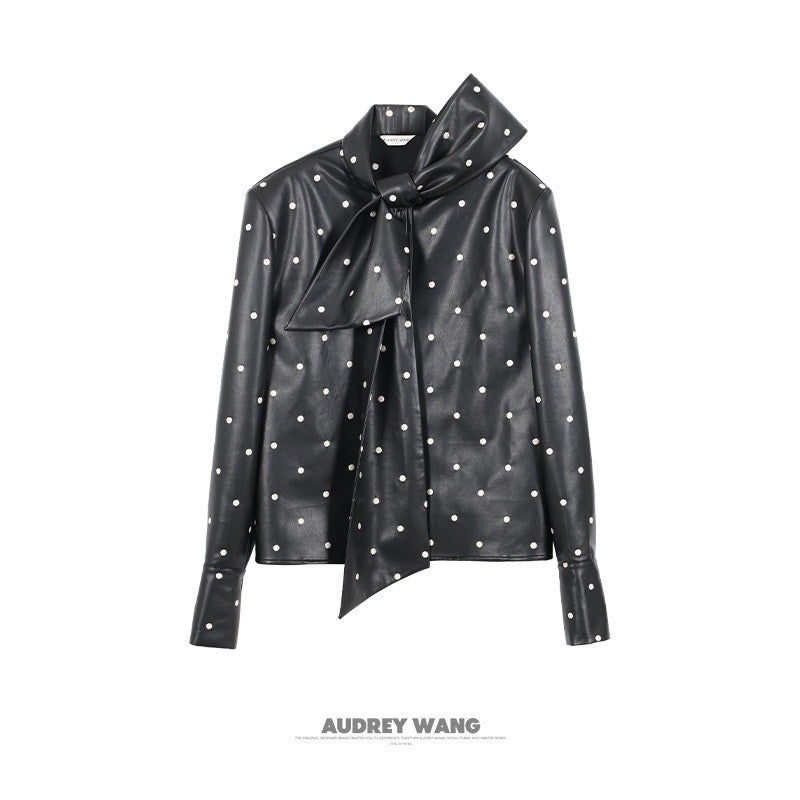 audreyyang_Waterproof_Pu_Leather_Vintage_Loose_Bow_Tie_Neck_Polka_Dot_Blouses_MISSTT