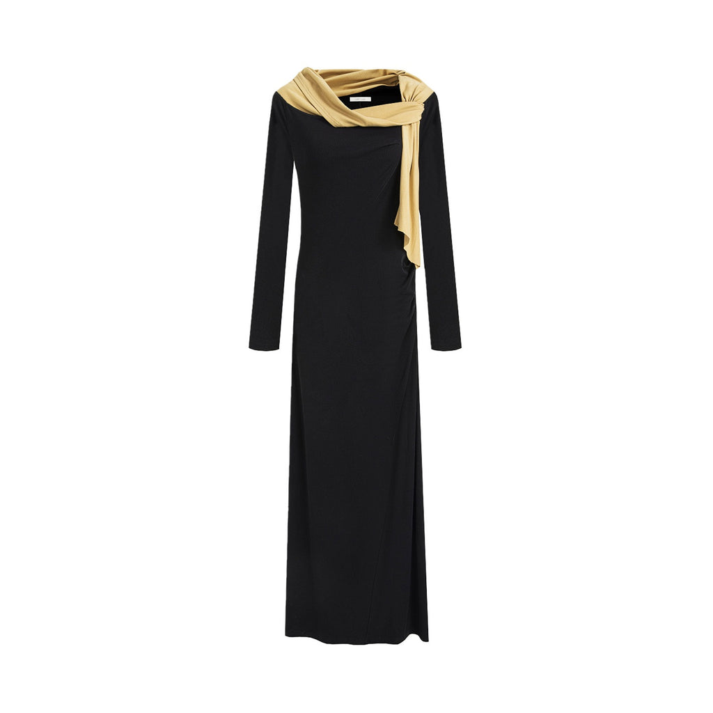 unspoken_Breathable_Lyocell_Knit_Slim_A_Line_Waist_Cinch_V-neck_Black_Ladies_Maxi_Dresses_MISSTT