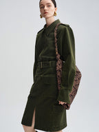 audreyyang Thick Cotton Cinched Waist Vintage Long Sleeve Army Green Top & Skirt Sets