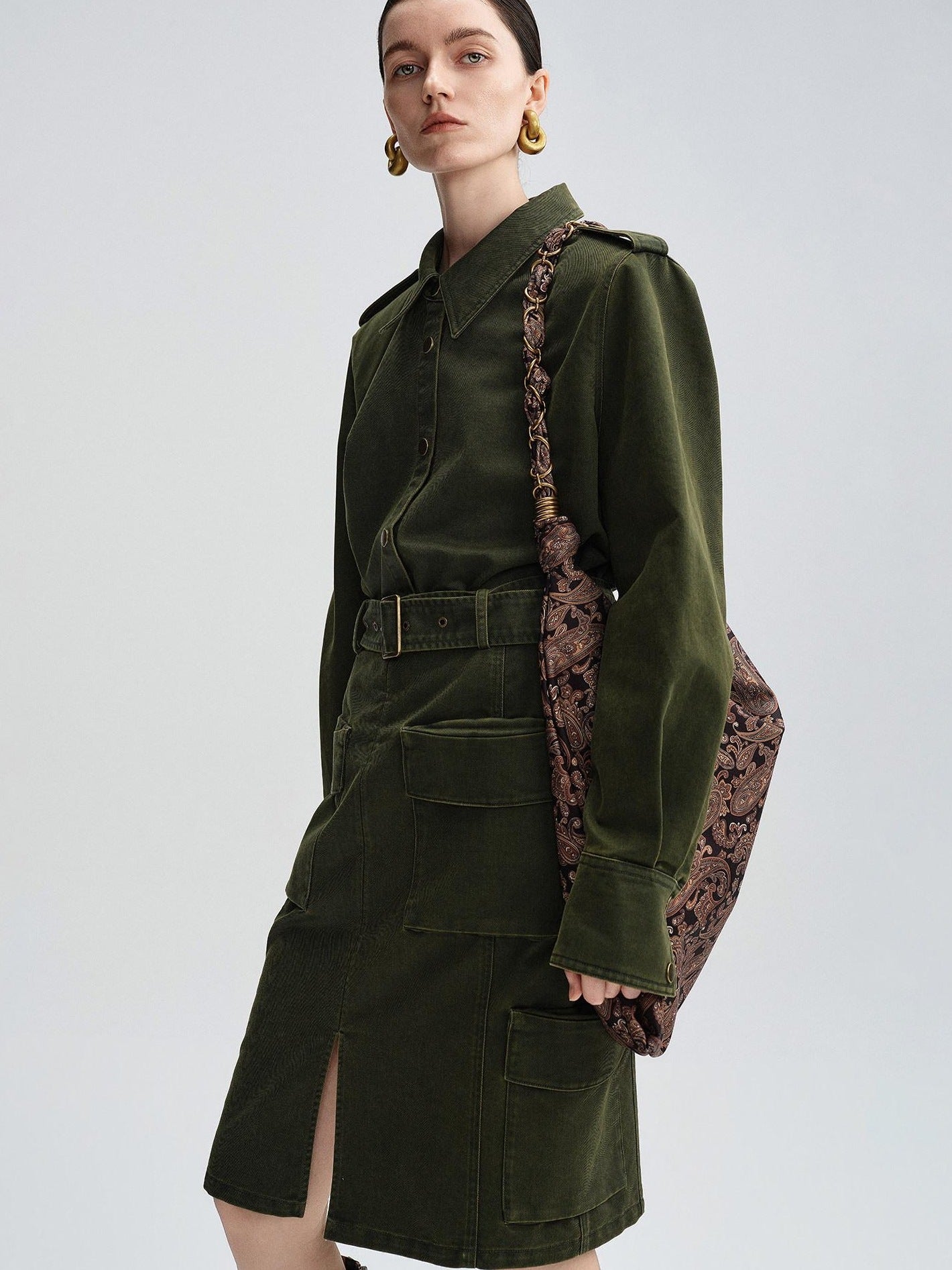 audreyyang Thick Cotton Cinched Waist Vintage Long Sleeve Army Green Top & Skirt Sets