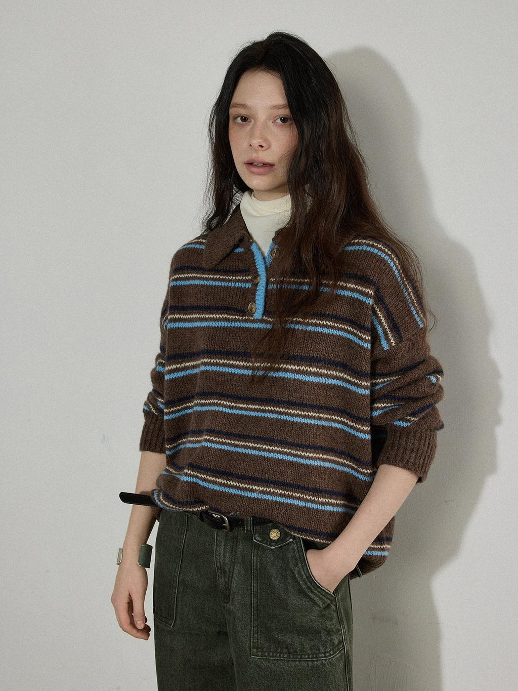 Lofi choose Cozy Colorblock Collared Oversized Striped Button Knit Pullover Women Sweaters