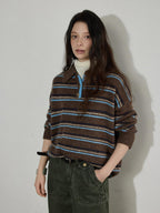 Lofi choose Cozy Colorblock Collared Oversized Striped Button Knit Pullover Women Sweaters