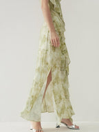 someone sometimes Viscose Asymmetric Ruffle Hem Cinched Waist Aline Lake Green Maxi Dresses