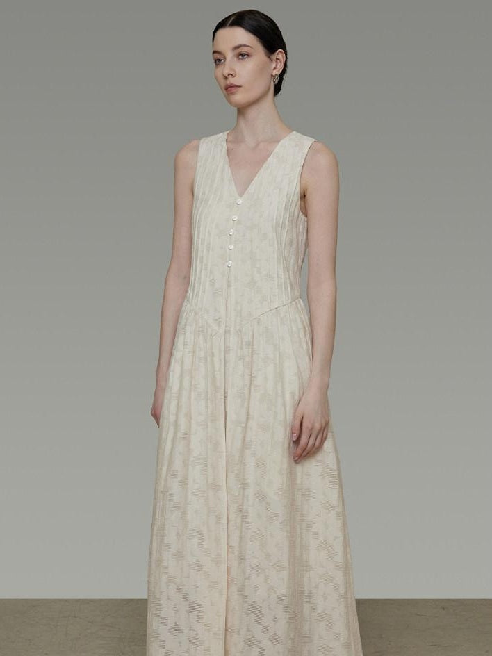 unspoken Elegant Jacquard V-neck High Waist A Line Sleeveless Work Off White Maxi Dresses