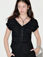 fano Sleek Black V-neck Button Short Sleeve Two Piece Chic Women Top & Skirt Sets