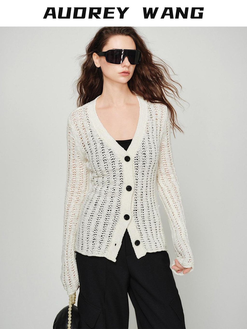 audreyyang Lightweight Openwork Slim V-neck Button Knitted Cotton Women Cardigans