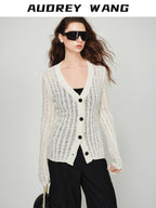 audreyyang Lightweight Openwork Slim V-neck Button Knitted Cotton Women Cardigans