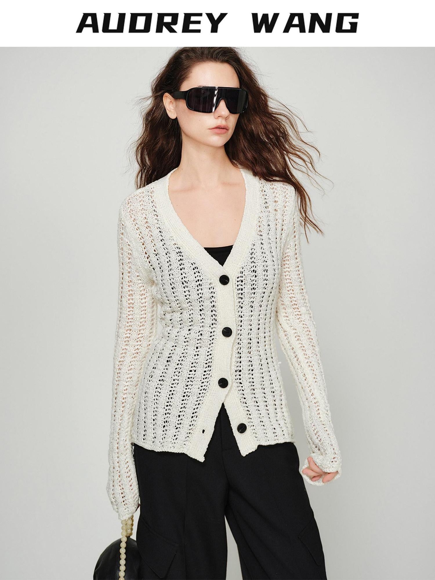 audreyyang Lightweight Openwork Slim V-neck Button Knitted Cotton Women Cardigans