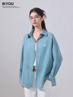 ikyou Embroidered Plaid Breathable Loose Collared Cardigan Button Front Women Shirts