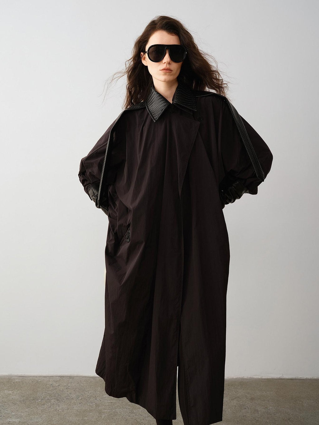 audreyyang Long Polyamide Patchwork Trench Decorative Tabs Women Black Trench Coats