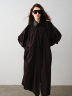 audreyyang Long Polyamide Patchwork Trench Decorative Tabs Women Black Trench Coats