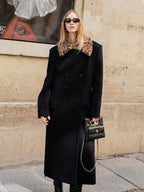 audreyyang 100% Sheep Wool Double Breasted Midlength Straight Women Black Wool Coats