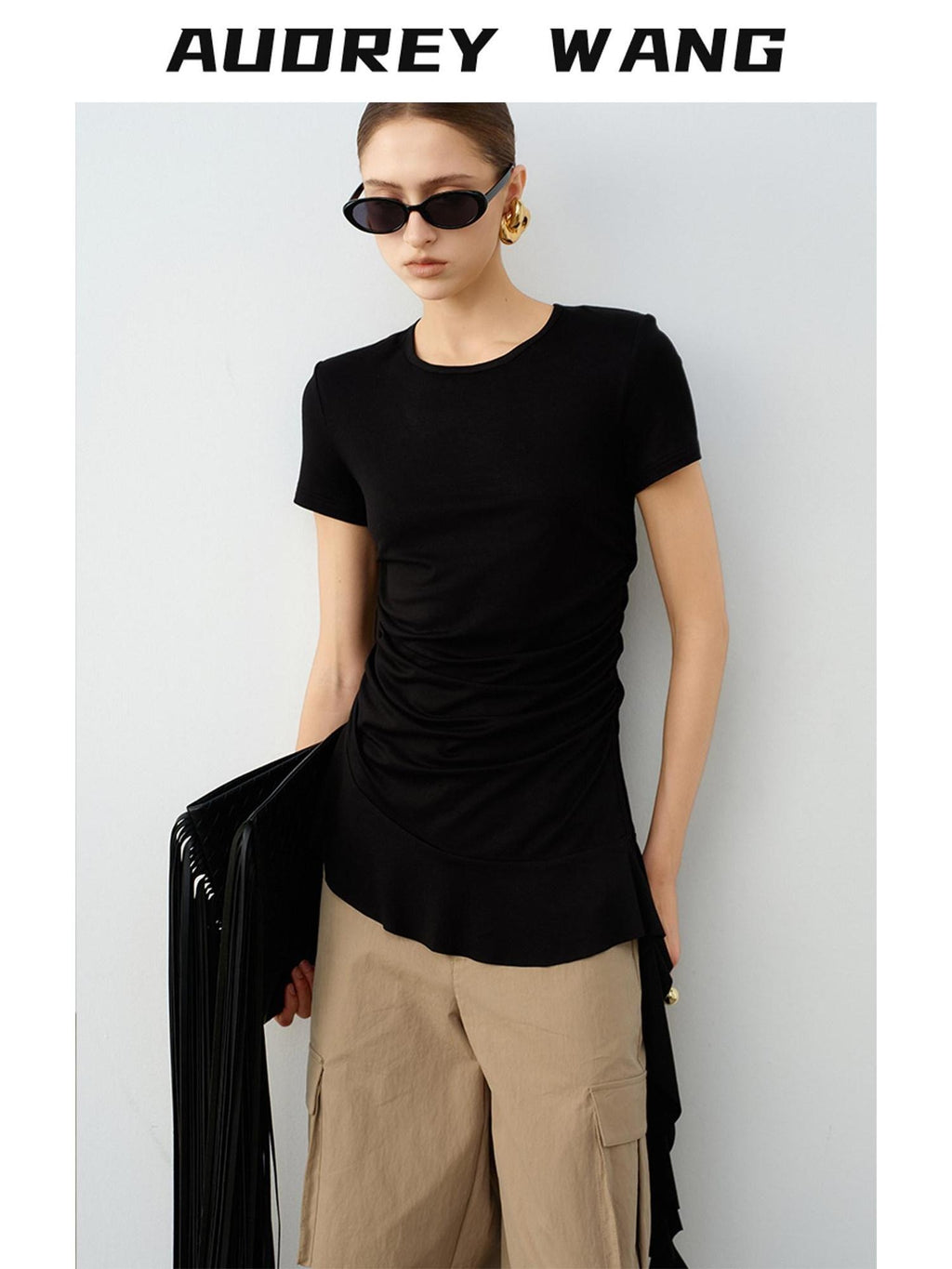 audreyyang Modal Cotton Ruched Commuter Slim Round Neck Womens Black Short Sleeve T-Shirts