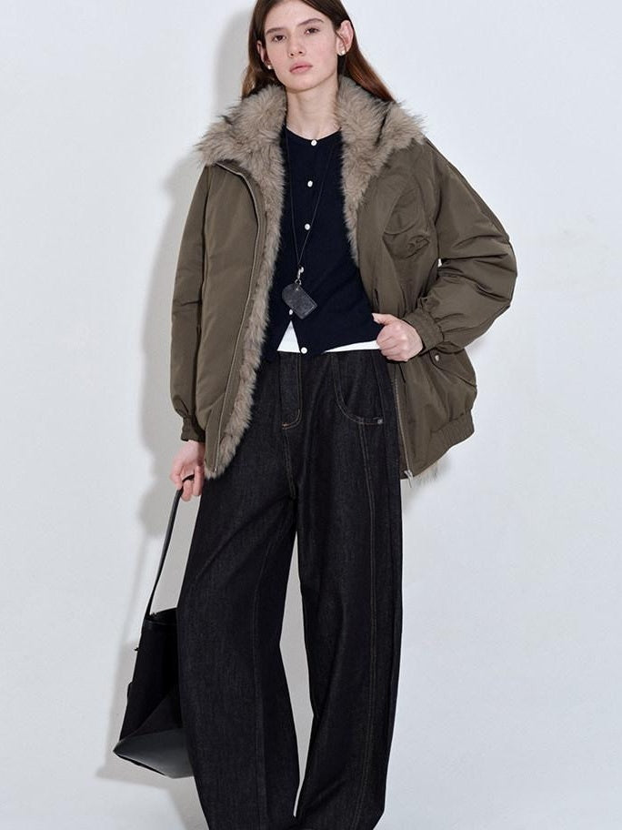 fano High Fill White Duck Down Warm Straight Fur Collar Women Army Green Down Jackets