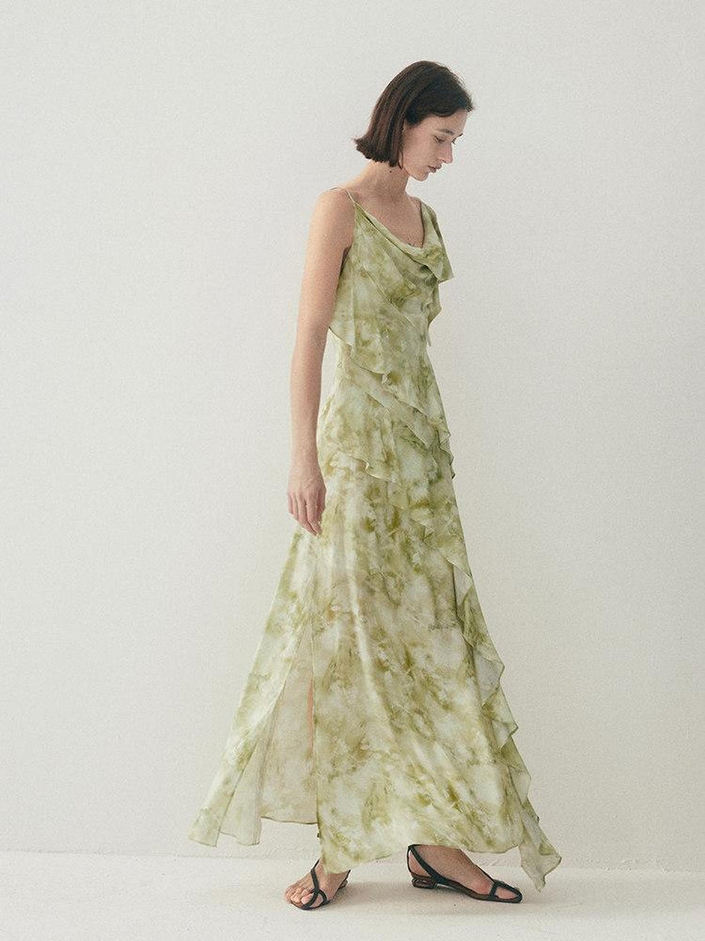 someone sometimes Viscose Asymmetric Ruffle Hem Cinched Waist Aline Lake Green Maxi Dresses