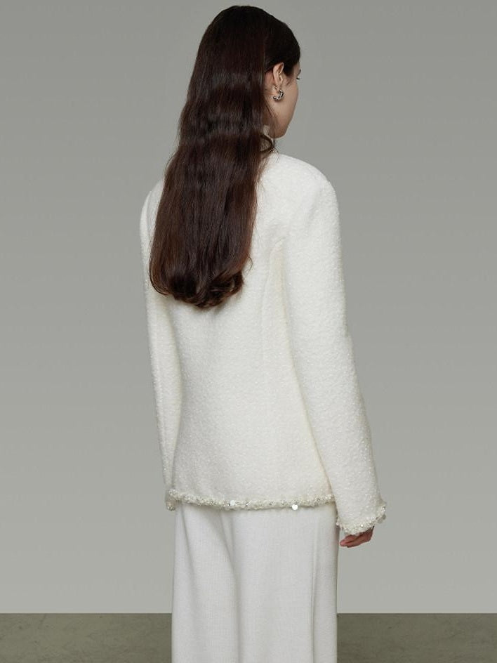 unspoken Soft Ivory Wool Blend Tailored Slim V-neck Long Sleeve Commuter Cardigans