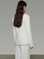 unspoken Soft Ivory Wool Blend Tailored Slim V-neck Long Sleeve Commuter Cardigans