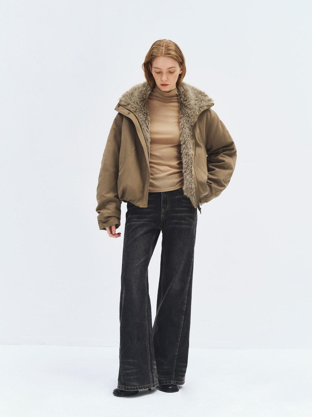 someonesometimes Lyocell Cotton Blend Relaxed Stand Collar Zip Women Beechwood Green Short Coat