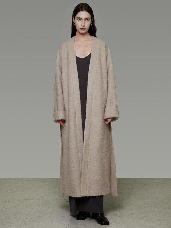 unspoken Cozy Sheepswool Belted Loose Fit Minimal Office V-neck Mid Length Wool Coats