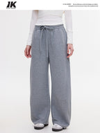 ikyou Warm Casual Pockets Elastic Waist Women Light Gray Stretch Wide Leg Pants