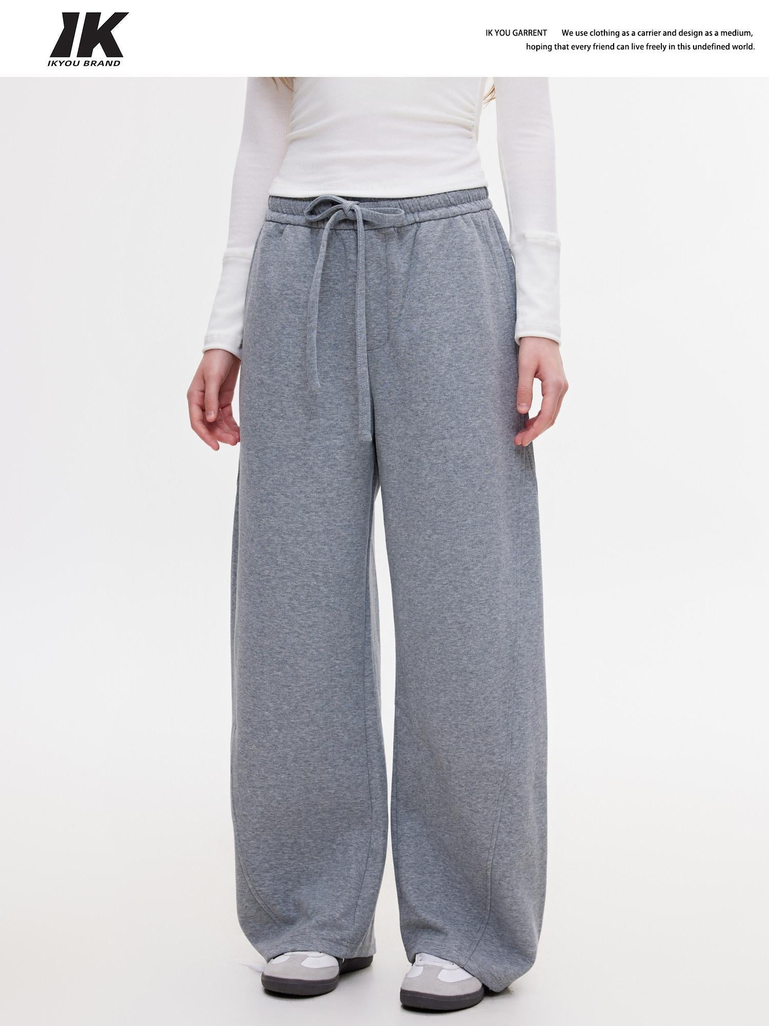 ikyou Warm Casual Pockets Elastic Waist Women Light Gray Stretch Wide Leg Pants