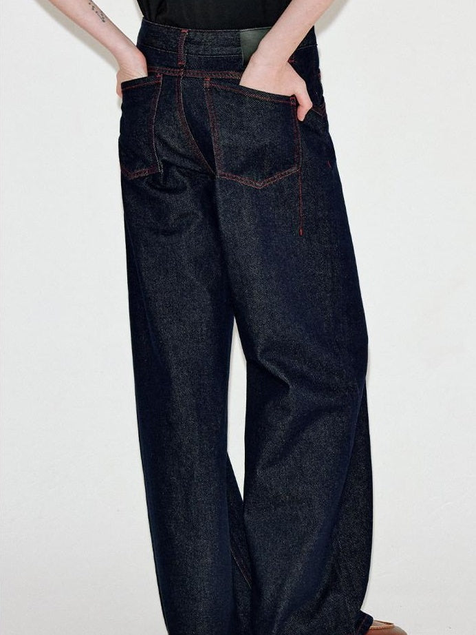 fano Comfortable Cotton Vintage Relaxed Natural Waist Women Raw Denim Wide Leg Jeans