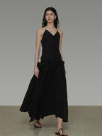 unspoken Ultra Soft Tencel A Line Cinched Waist Minimalist Commuter Black Maxi Dresses