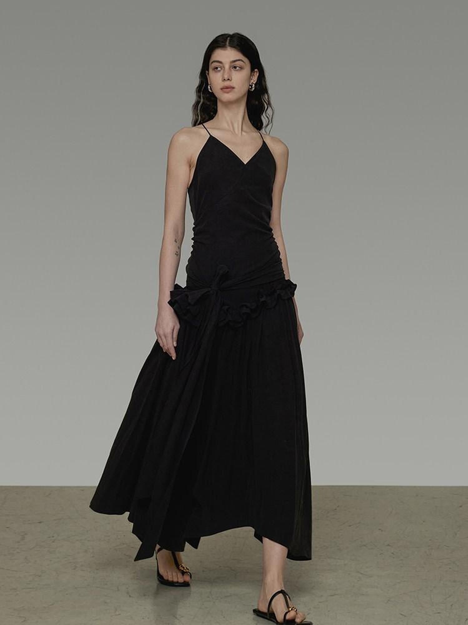 unspoken Ultra Soft Tencel A Line Cinched Waist Minimalist Commuter Black Maxi Dresses