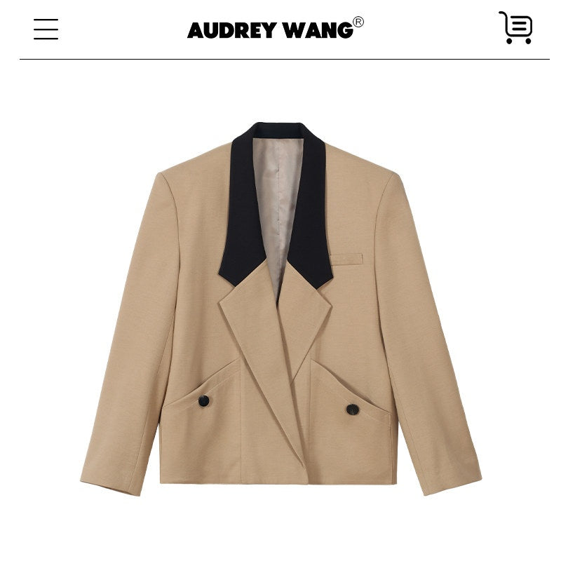audreyyang_Khaki_Contrast_Lapel_Blazer_Slit_Loose_Fit_Long_Sleeve_Women_Top_&_Skirt_Sets_MISSTT