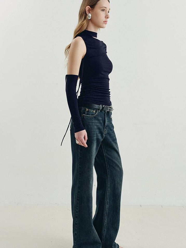 someonesometimes Vintage Washed Low Rise Distressed Denim Stretch Women Deep Indigo Flared Jeans