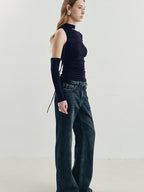 someonesometimes Vintage Washed Low Rise Distressed Denim Stretch Women Deep Indigo Flared Jeans