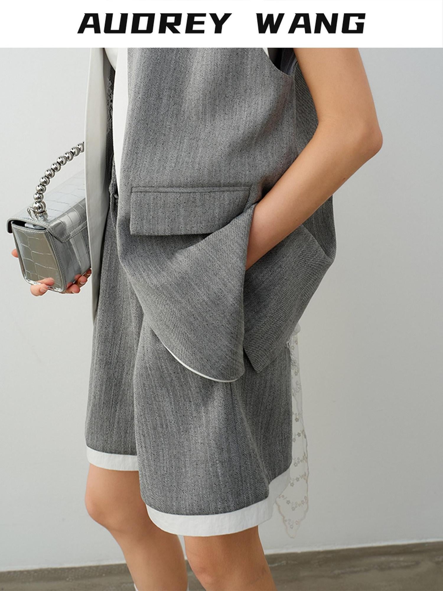audreyyang Linen Blend Commuter Straight Natural Waist Heather Gray Mid-Length Shorts