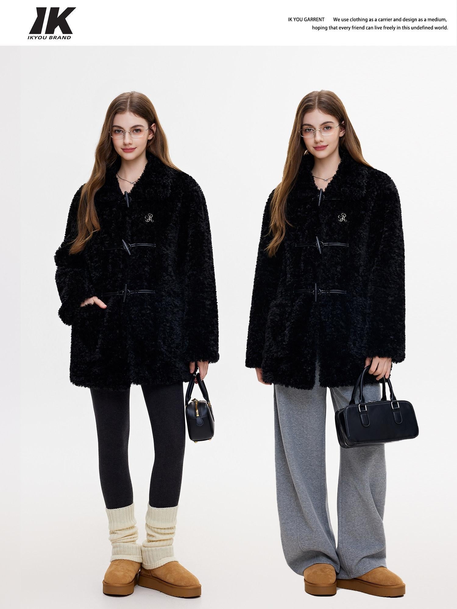 ikyou Padded Non Iron Pocket Toggle Korean Oversized Women Mid Length Black Long Coats