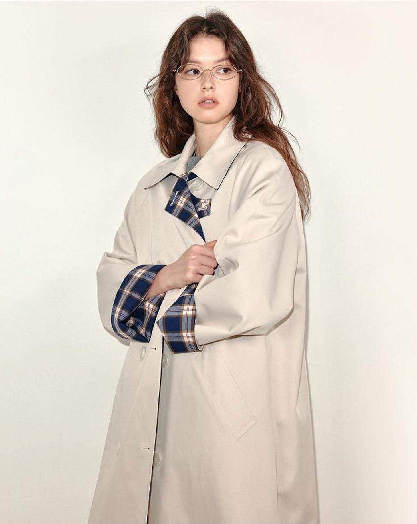 fano Light Cotton Blend Single Breasted Loose Fit Women Beige Plaid Trench Coats